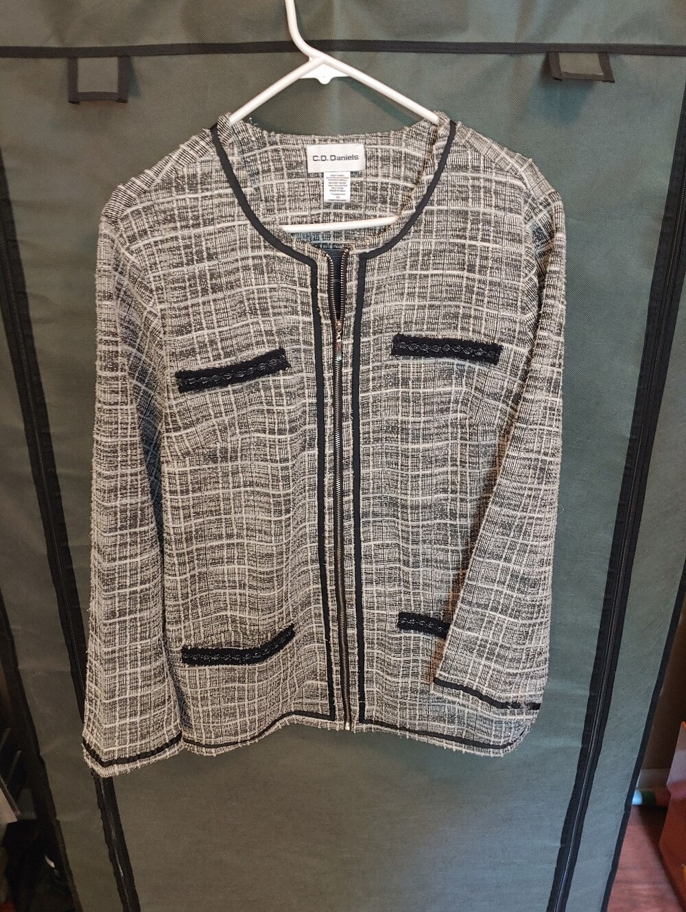 Women's Black & White Tweed Zip-Front Jacket with Silver Thread Woven Thoughout.